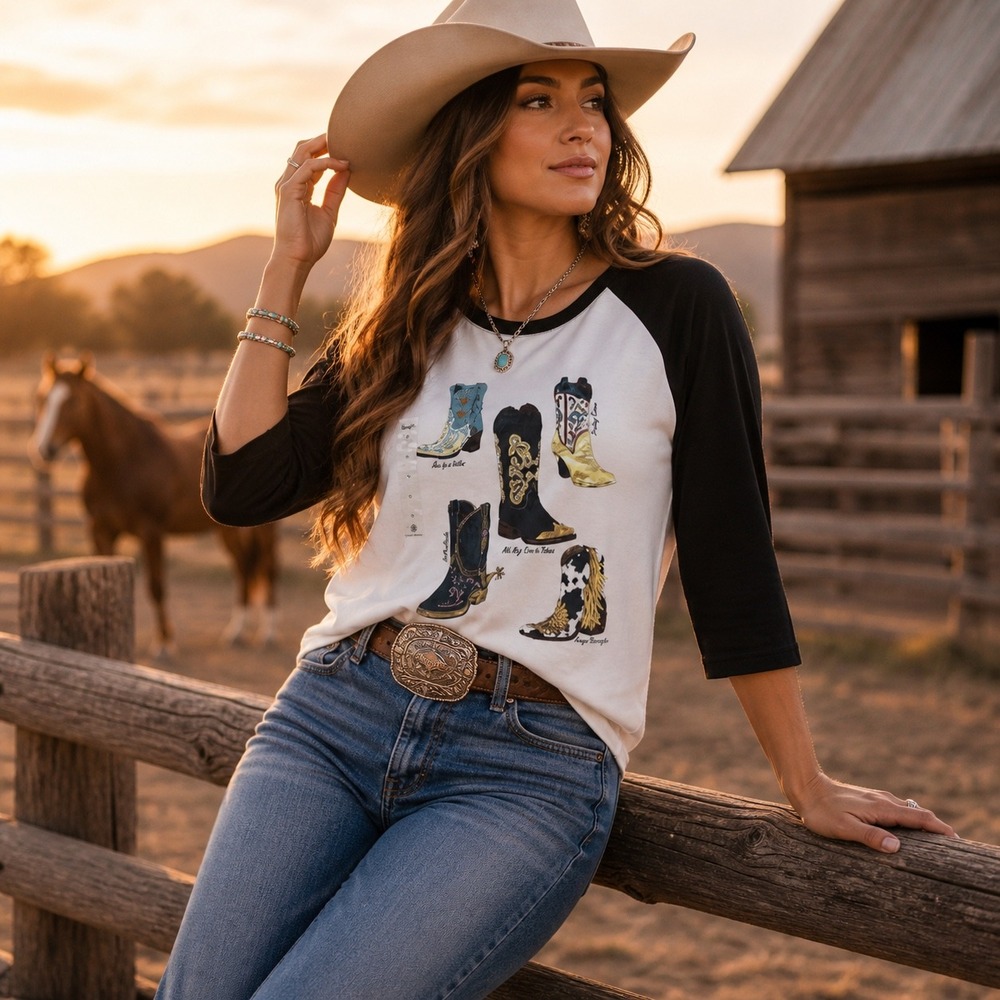 Wrangler Retro Graphic Tee Women Medium White Black Cowboy Boots 3/4 Raglan